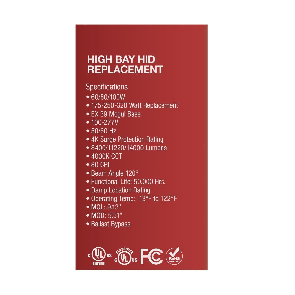 Retrofit LED High Bay Bulb, 100W, 14000 Lumens, 4000K, EX39 Mogul Extended Mogul Base, 120-277V