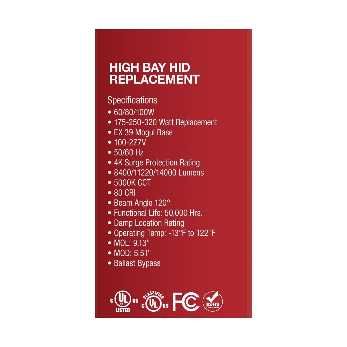 Hi-Pro LED High Bay Bulb, 60W|80W|100W, 14000 Lm, 5000K, 320W MH Equal, EX39 Mogul, 120-277V - Bees Lighting