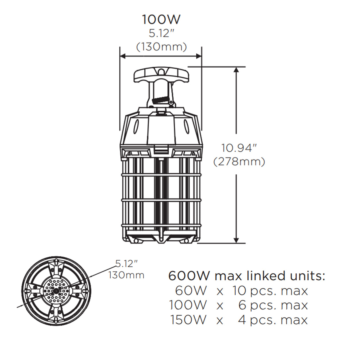 Temporary Work Light, 100W, 10000 Lumens, 6ft Cord & Plug - Bees Lighting