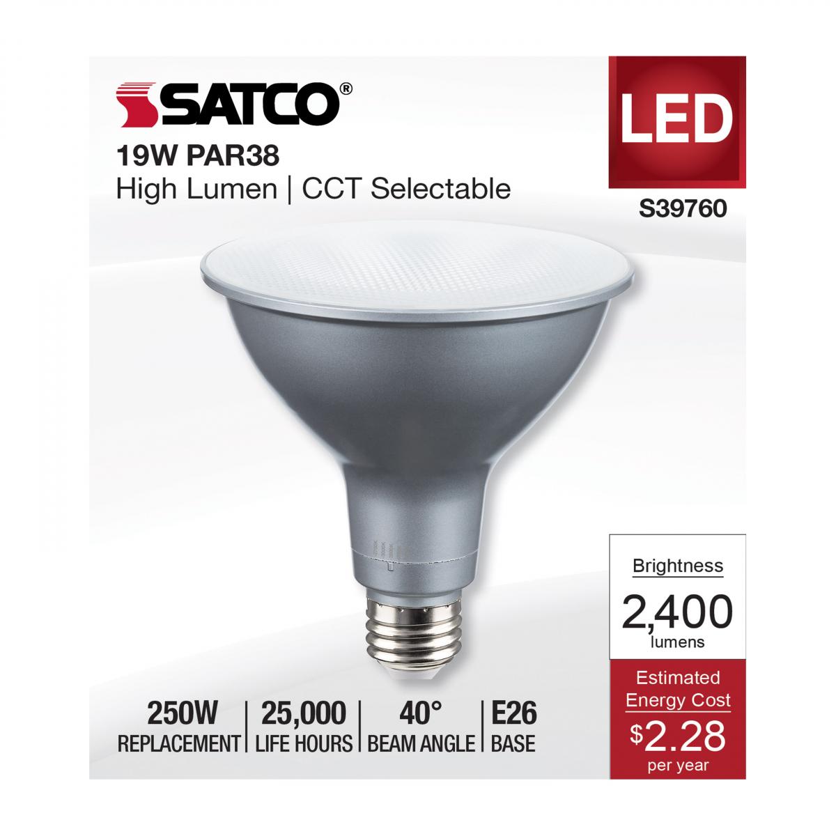 PAR38 LED Bulb, 19W, 2400 Lumens, Selectable 2700K to 5000K, E26 Base, 40° Flood, 120-277V - Bees Lighting
