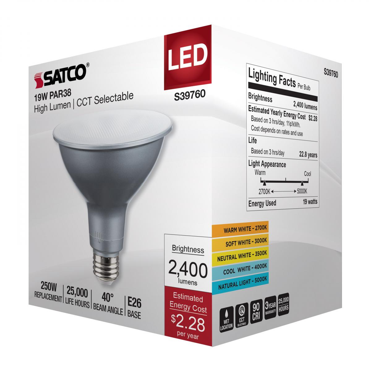 PAR38 LED Bulb, 19W, 2400 Lumens, Selectable 2700K to 5000K, E26 Base, 40° Flood, 120-277V - Bees Lighting