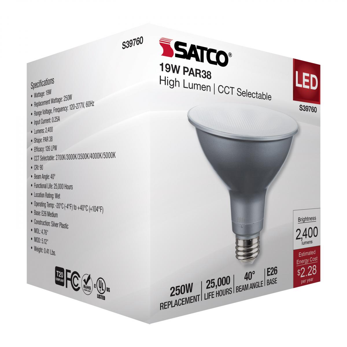 PAR38 LED Bulb, 19W, 2400 Lumens, Selectable 2700K to 5000K, E26 Base, 40° Flood, 120-277V - Bees Lighting