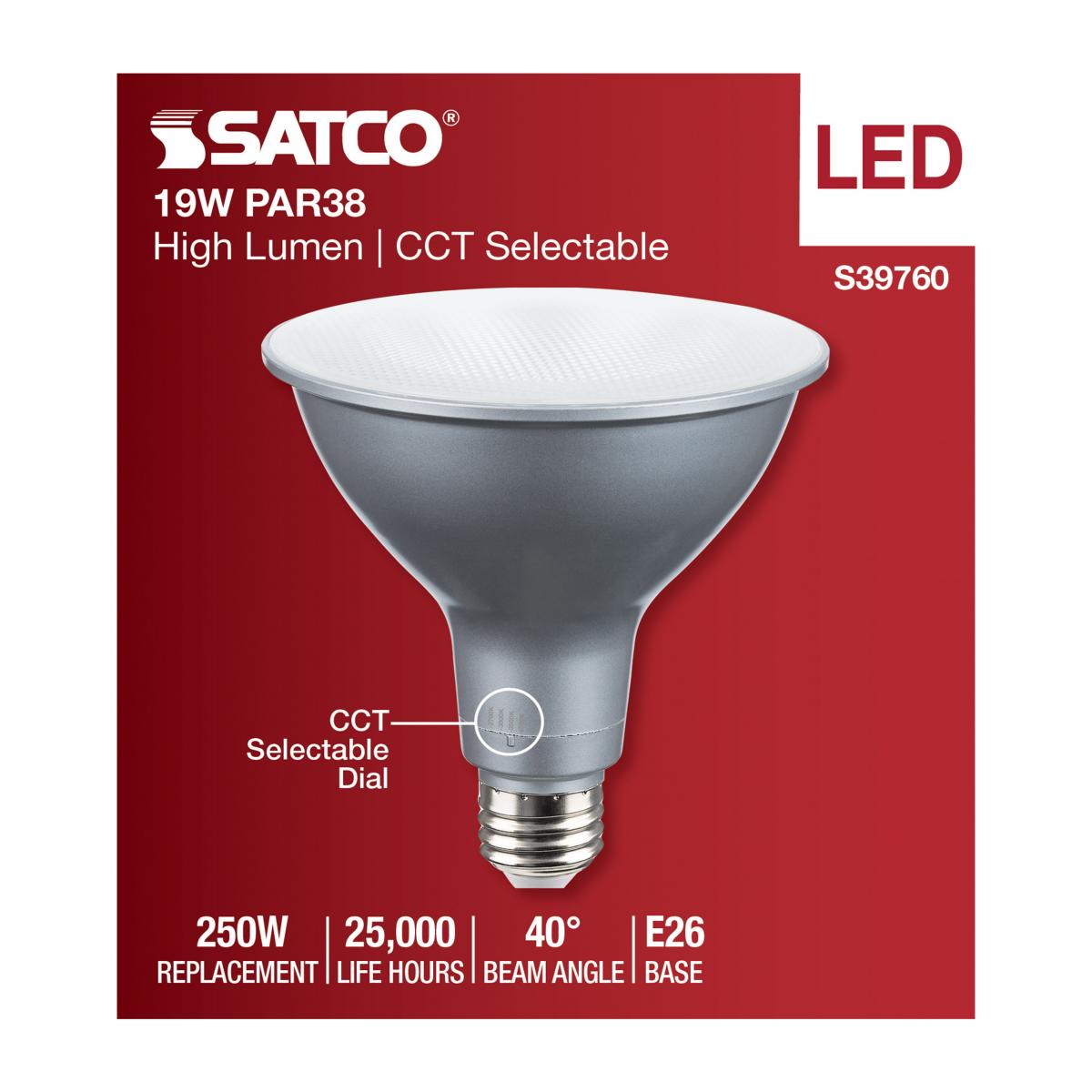 PAR38 LED Bulb, 19W, 2400 Lumens, Selectable 2700K to 5000K, E26 Base, 40° Flood, 120-277V - Bees Lighting