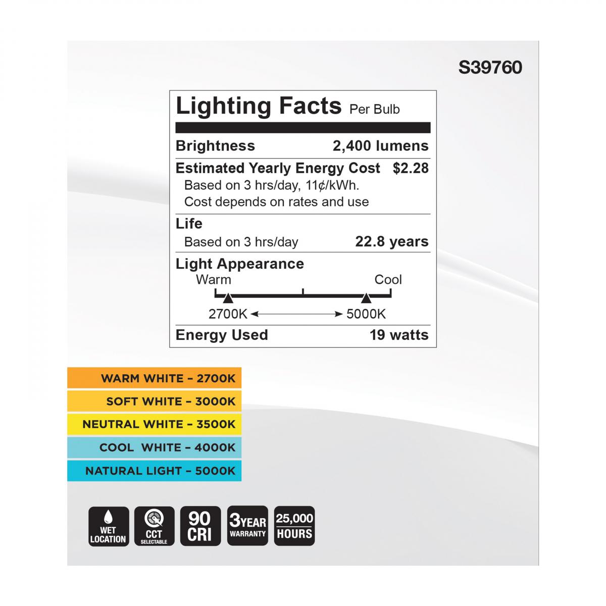 PAR38 LED Bulb, 19W, 2400 Lumens, Selectable 2700K to 5000K, E26 Base, 40° Flood, 120-277V - Bees Lighting