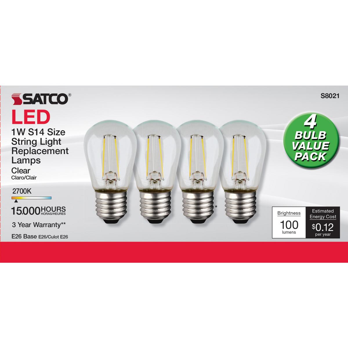 S14 Filament LED Bulb, 1W, 100lm, 2700K, E26 Medium Base, Clear Finish, Pack of 4 - Bees Lighting