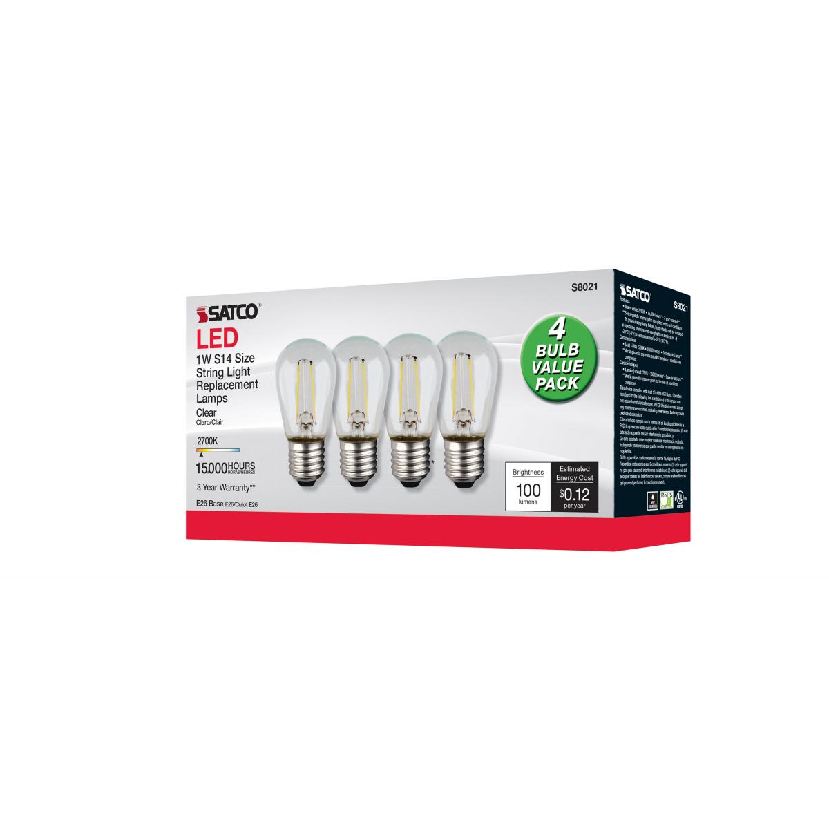 S14 Filament LED Bulb, 1W, 100lm, 2700K, E26 Medium Base, Clear Finish, Pack of 4 - Bees Lighting