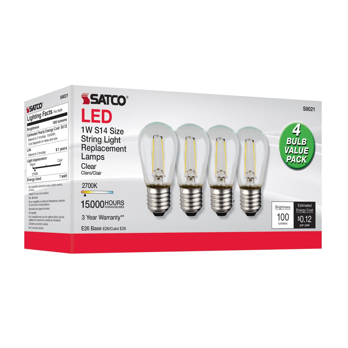 S14 Filament LED Bulb, 1W, 100lm, 2700K, E26 Medium Base, Clear Finish, Pack of 4 - Bees Lighting