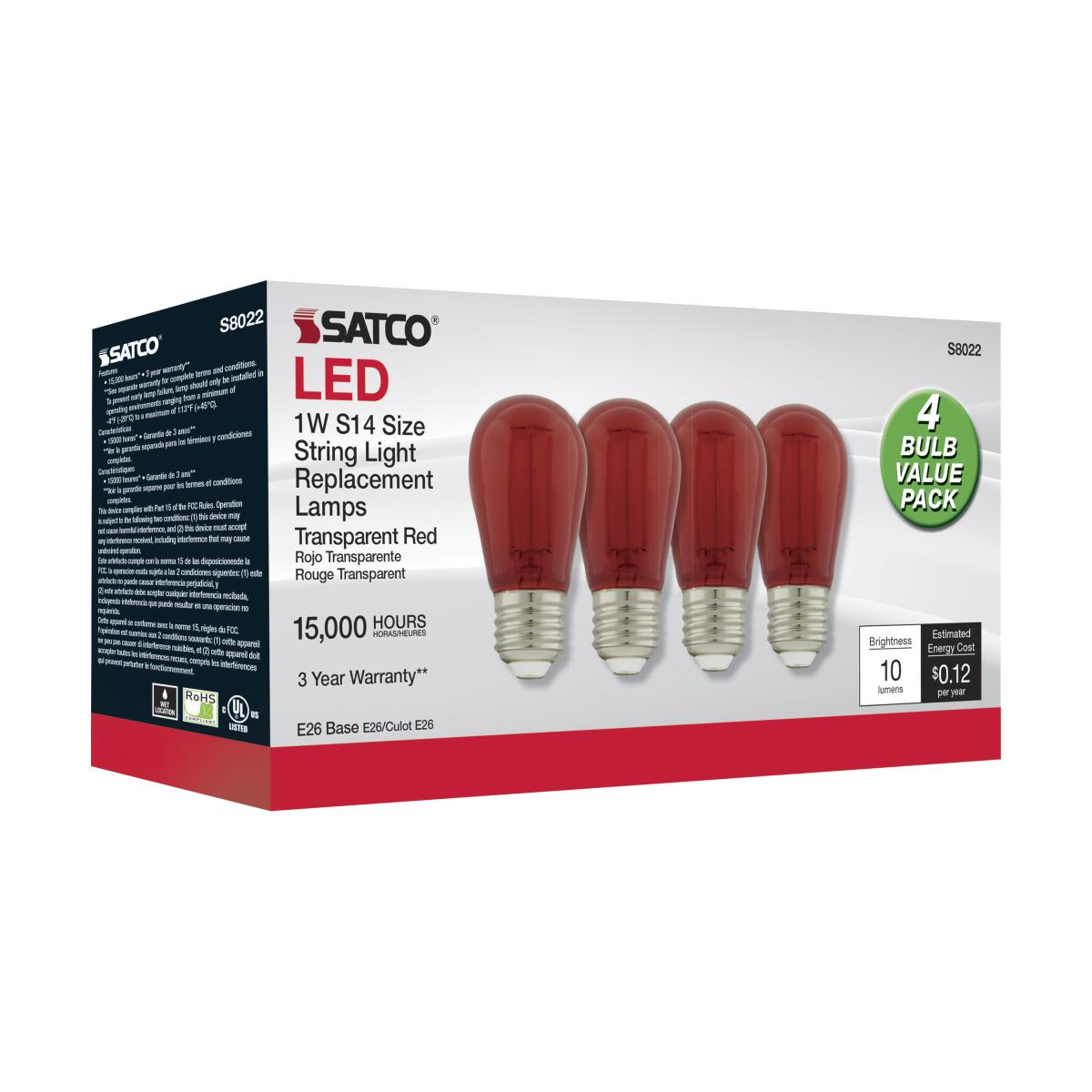 S14 Filament LED Bulb, 1W, 10lm, E26 Base, Transparent Red Finish, Pack of 4 - Bees Lighting