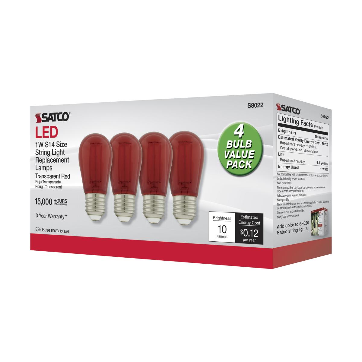 S14 Filament LED Bulb, 1W, 10lm, E26 Base, Transparent Red Finish, Pack of 4 - Bees Lighting