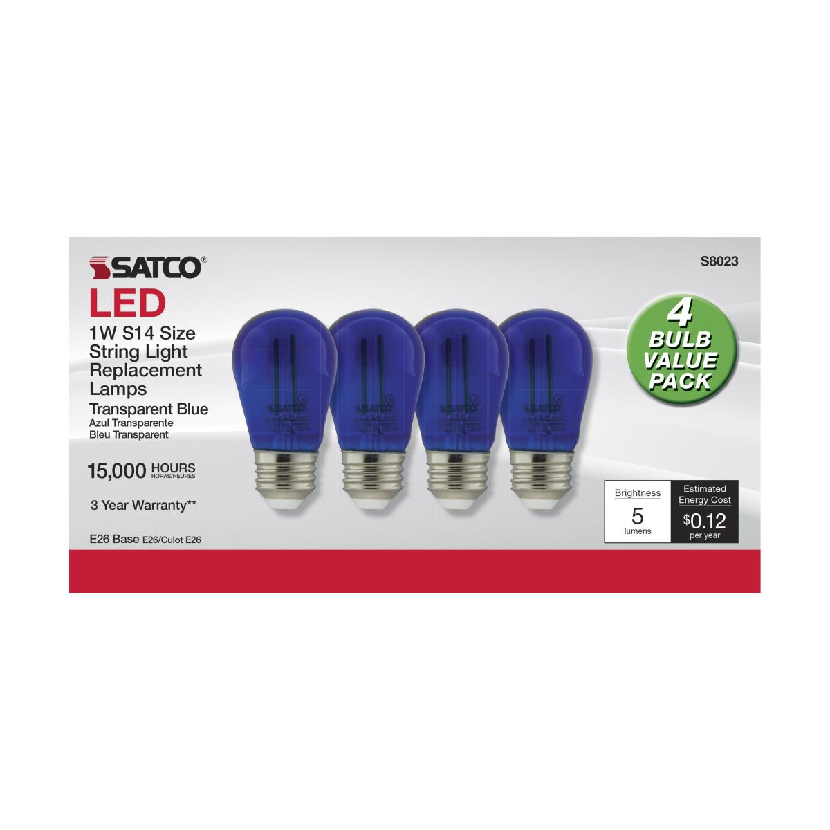 LED S14 Straight Tapered Bulb, 1 Watt, 15 Lumens, Blue, E26 Medium Base, Clear Finish, Pack Of 4 - Bees Lighting