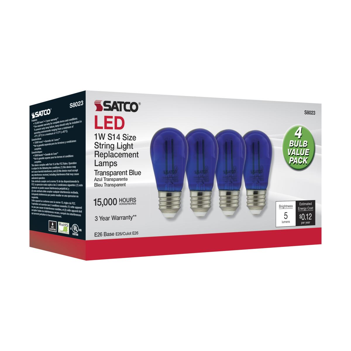 S14 Filament LED Bulb, 1W, 5lm, E26 Base, Transparent Blue Finish, Pack of 4 - Bees Lighting
