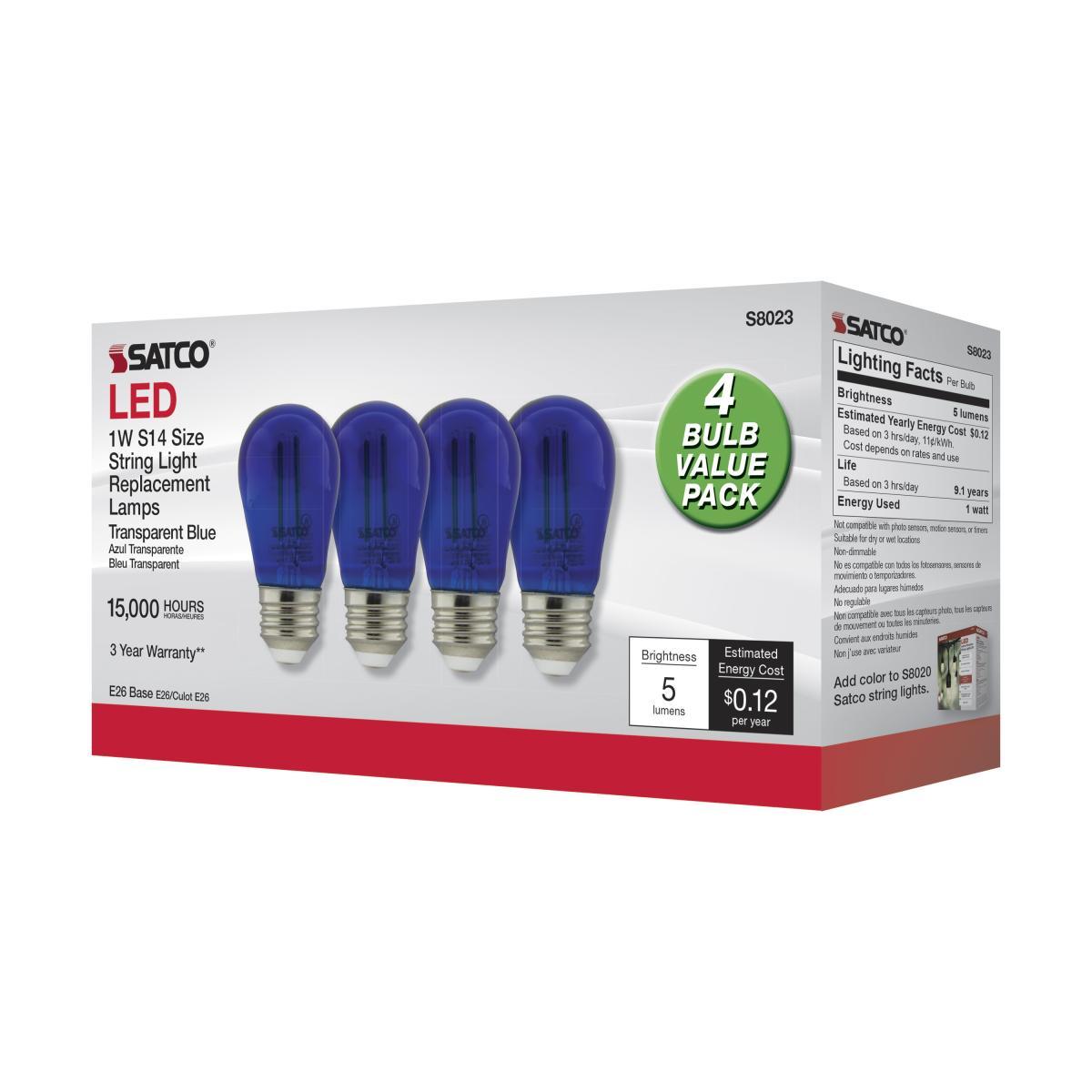 LED S14 Straight Tapered Bulb, 1 Watt, 15 Lumens, Blue, E26 Medium Base, Clear Finish, Pack Of 4