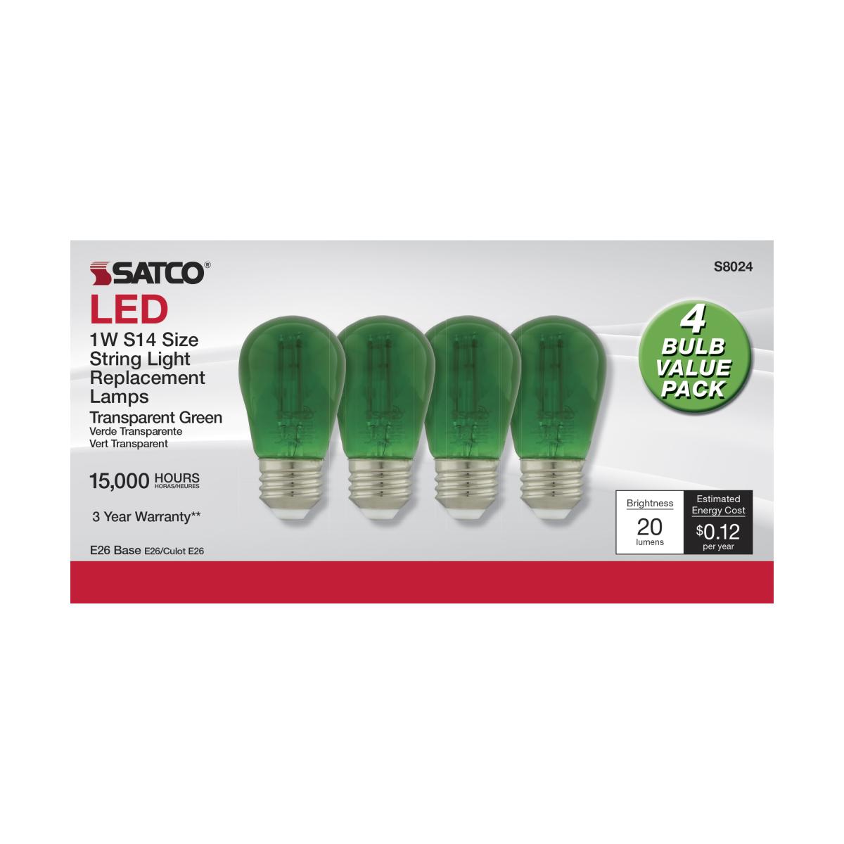 LED S14 Straight Tapered Bulb, 1 Watt, 30 Lumens, Green, E26 Medium Base, Green Finish, Pack Of 4