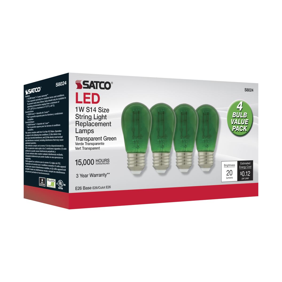 S14 Filament LED Bulb, 1W, 20lm, E26 Base, Transparent Green Finish , Pack of 4 - Bees Lighting