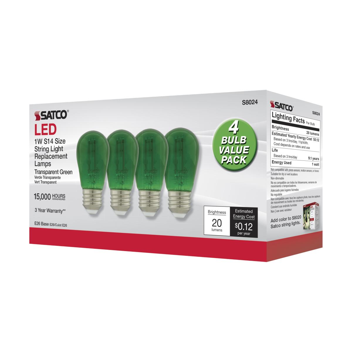 S14 Filament LED Bulb, 1W, 20lm, E26 Base, Transparent Green Finish , Pack of 4 - Bees Lighting