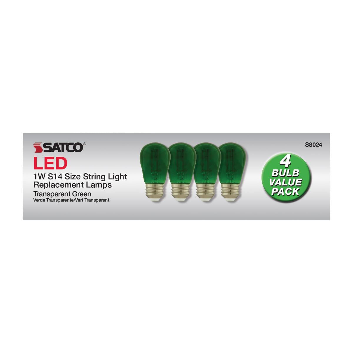 S14 Filament LED Bulb, 1W, 20lm, E26 Base, Transparent Green Finish , Pack of 4 - Bees Lighting