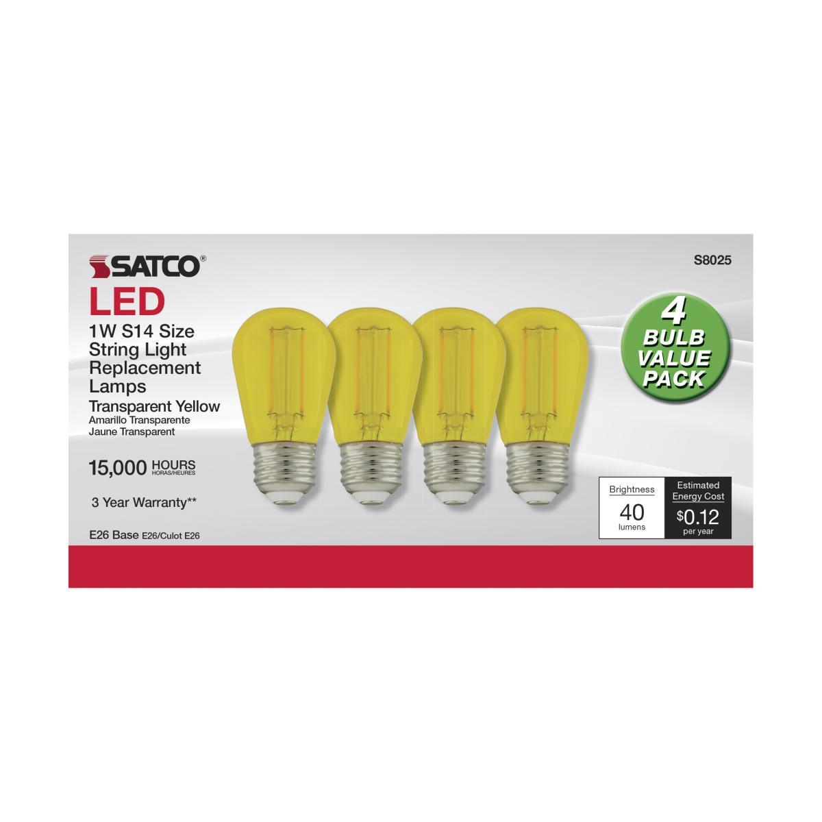 LED S14 Straight Tapered Bulb, 1 Watt, 120 Lumens, Yellow, E26 Medium Base, Clear Finish, Pack Of 4 - Bees Lighting