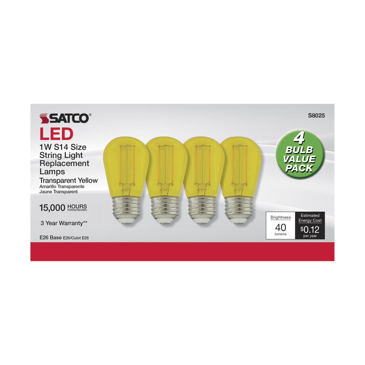 S14 Filament LED Bulb, 1W, 40lm, E26 Base, Transparent Yellow Finish , Pack of 4 - Bees Lighting