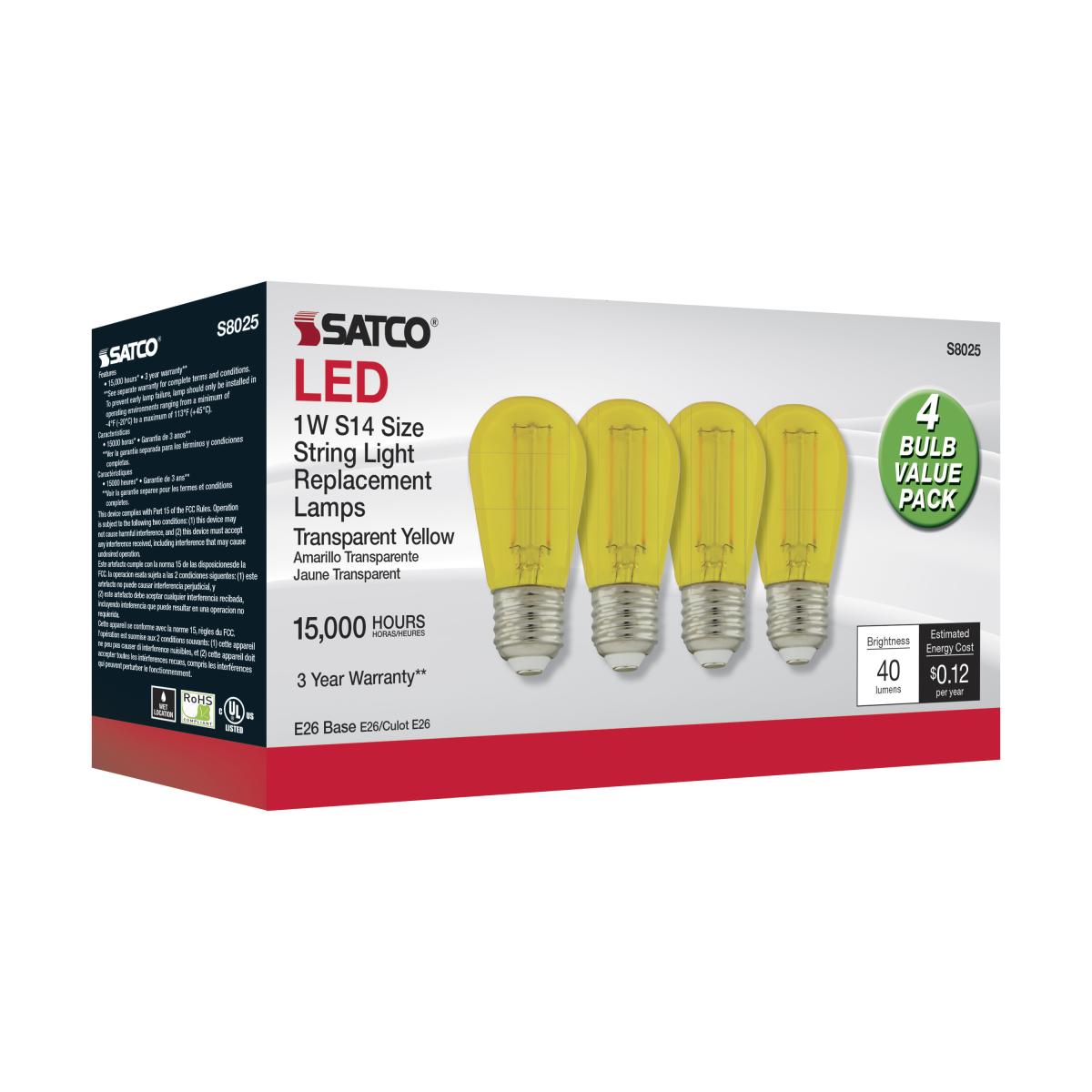 S14 Filament LED Bulb, 1W, 40lm, E26 Base, Transparent Yellow Finish , Pack of 4 - Bees Lighting