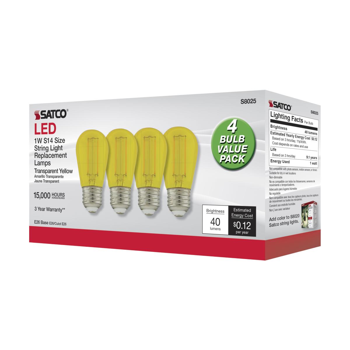 S14 Filament LED Bulb, 1W, 40lm, E26 Base, Transparent Yellow Finish , Pack of 4 - Bees Lighting