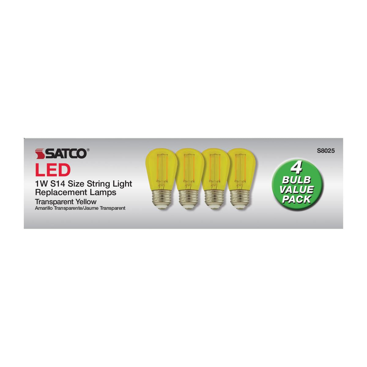 S14 Filament LED Bulb, 1W, 40lm, E26 Base, Transparent Yellow Finish , Pack of 4 - Bees Lighting