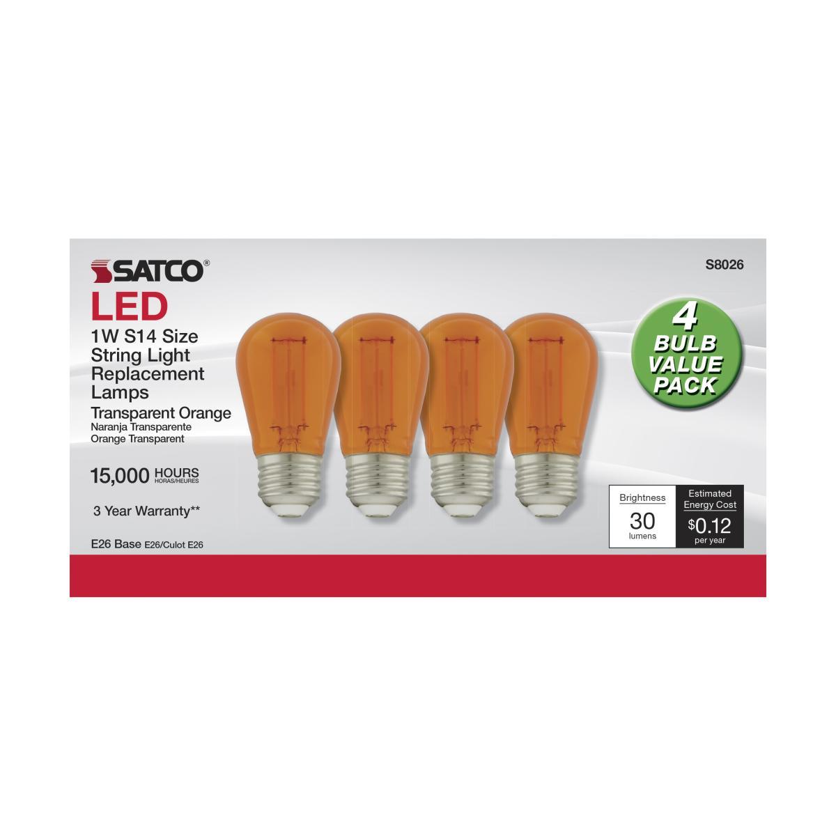 LED S14 Straight Tapered Bulb, 1 Watt, 90 Lumens, Orange, E26 Medium Base, Clear Finish, Pack Of 4