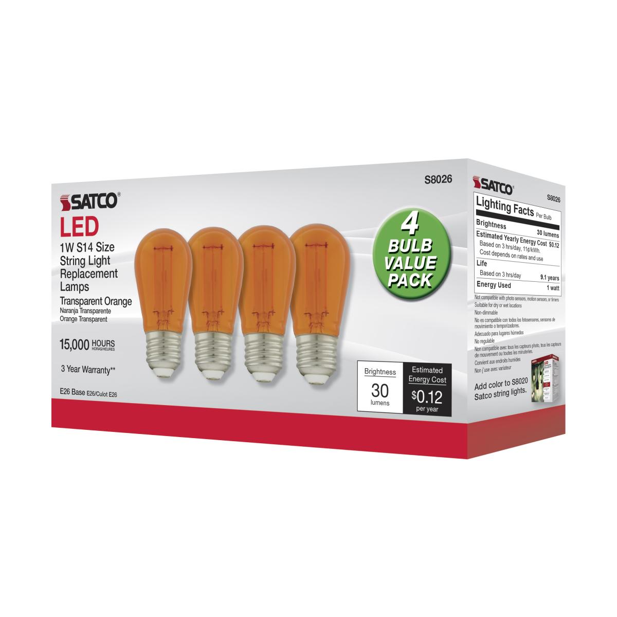S14 Filament LED Bulb, 1W, 30lm, E26 Base, Transparent Orange Finish , Pack of 4 - Bees Lighting