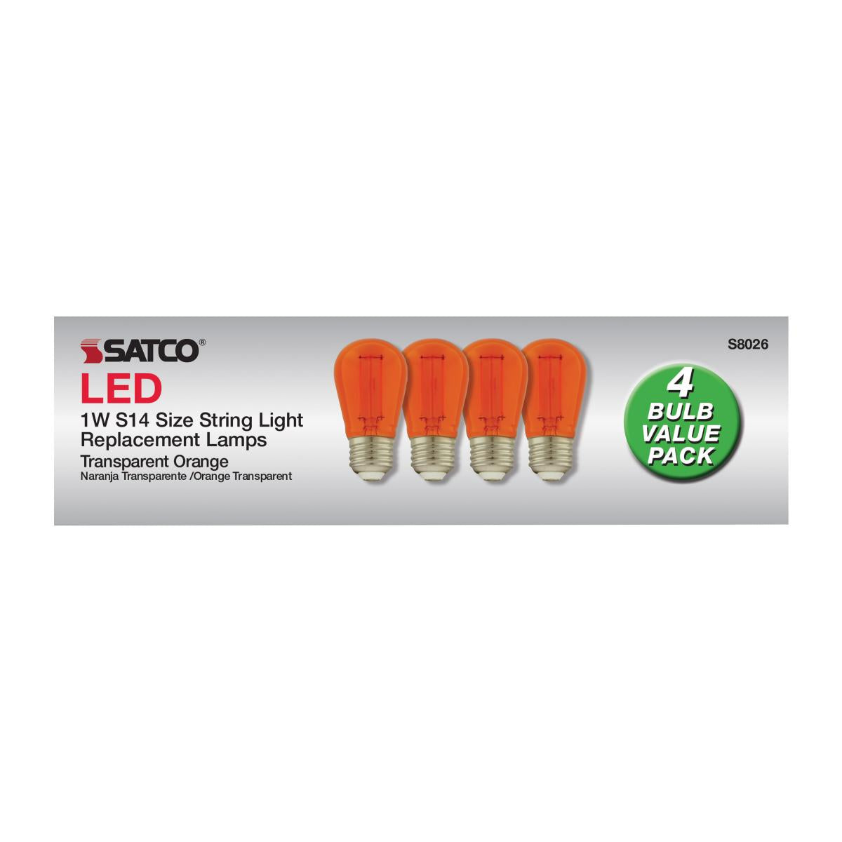 S14 Filament LED Bulb, 1W, 30lm, E26 Base, Transparent Orange Finish , Pack of 4 - Bees Lighting