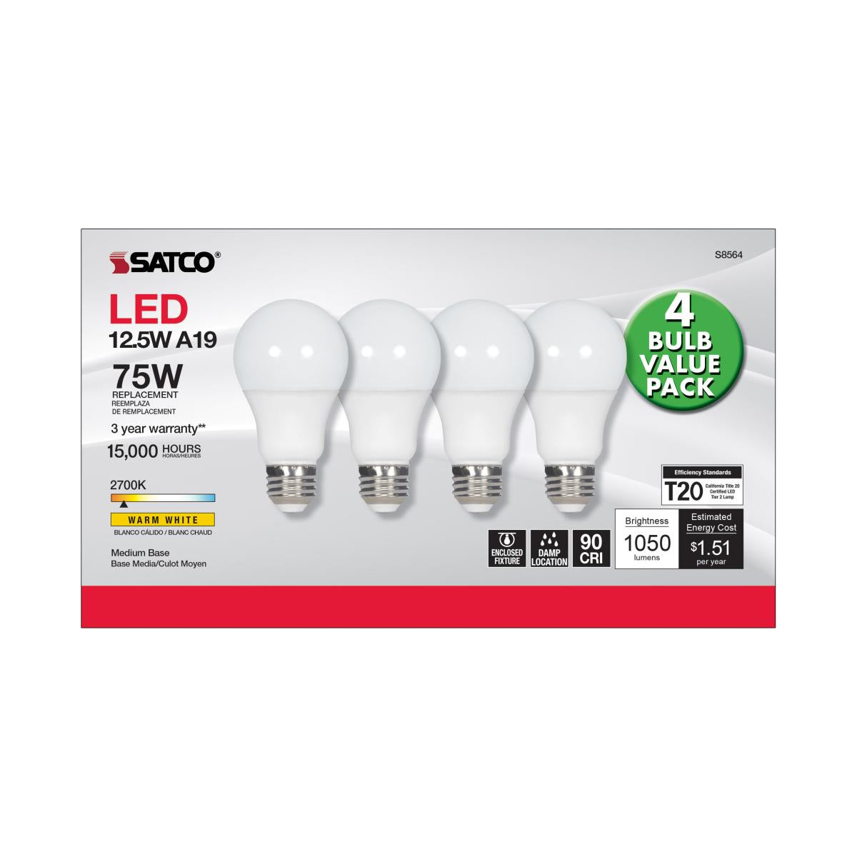 A19 LED Bulb, 75W Equivalent, 13 Watts, 1050 Lumens, 2700K, E26 Medium Base, Frosted, Pack of 4 - Bees Lighting