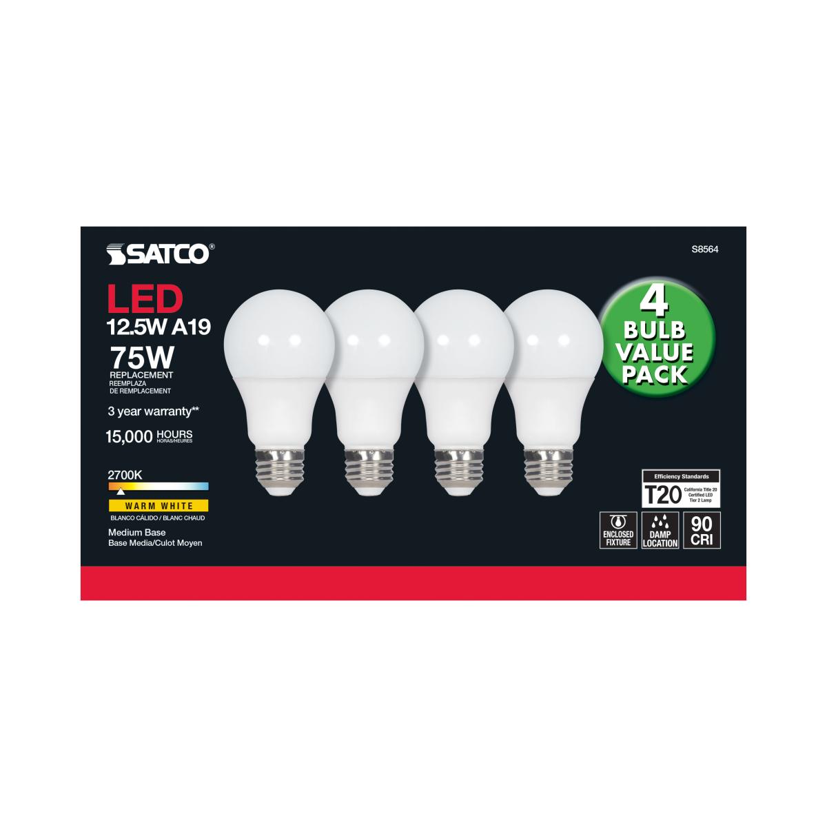A19 LED Bulb, 75W Equivalent, 13 Watts, 1050 Lumens, 2700K, E26 Medium Base, Frosted, Pack of 4 - Bees Lighting