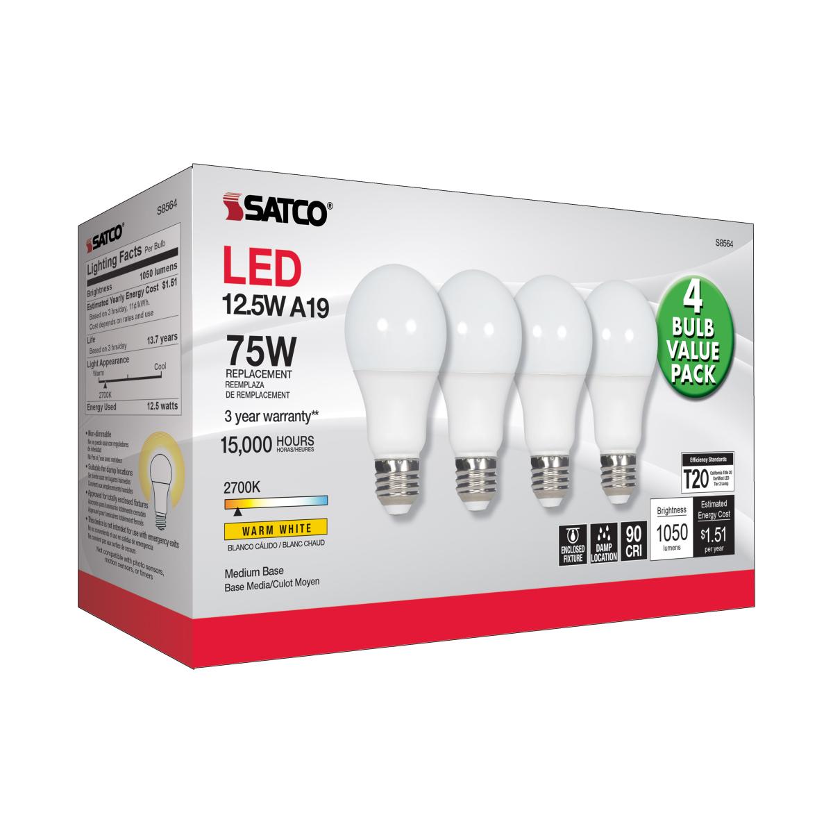 A19 LED Bulb, 75W Equivalent, 13 Watts, 1050 Lumens, 2700K, E26 Medium Base, Frosted, Pack of 4 - Bees Lighting