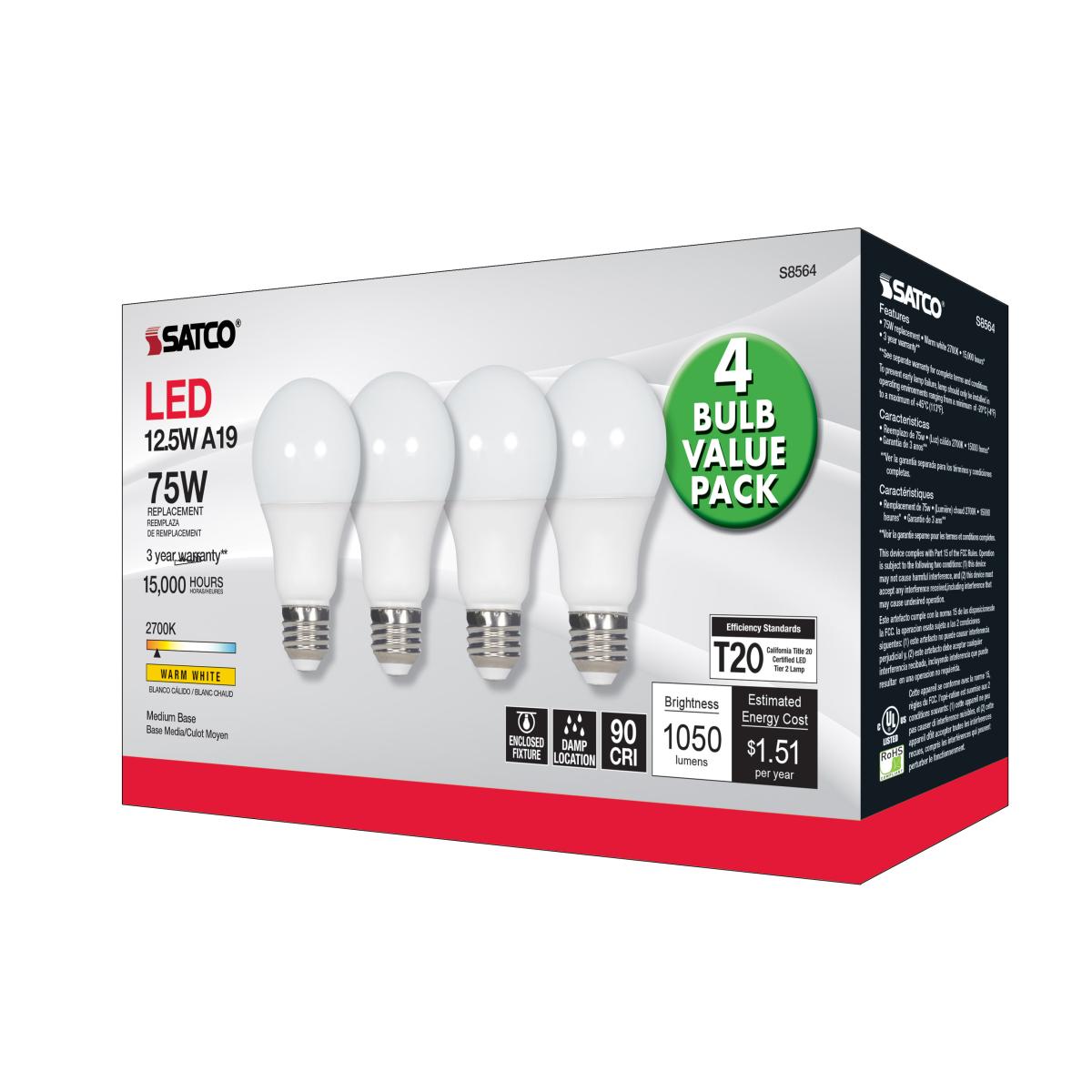 A19 LED Bulb, 75W Equivalent, 13 Watts, 1050 Lumens, 2700K, E26 Medium Base, Frosted, Pack of 4 - Bees Lighting