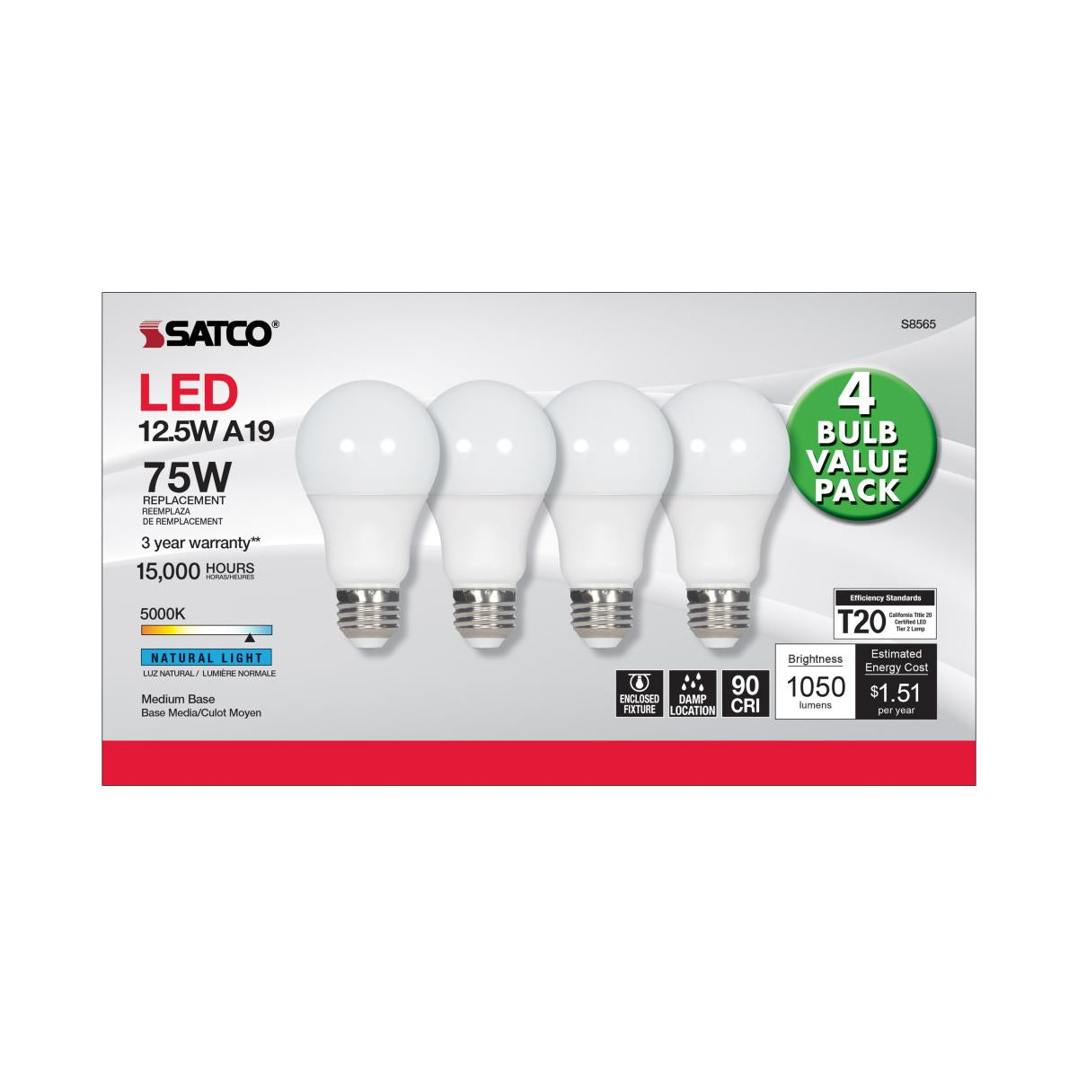A19 LED Bulb, 75W Equivalent, 13 Watts, 1050 Lumens, 5000K, E26 Medium Base, Frosted, Pack of 4 - Bees Lighting