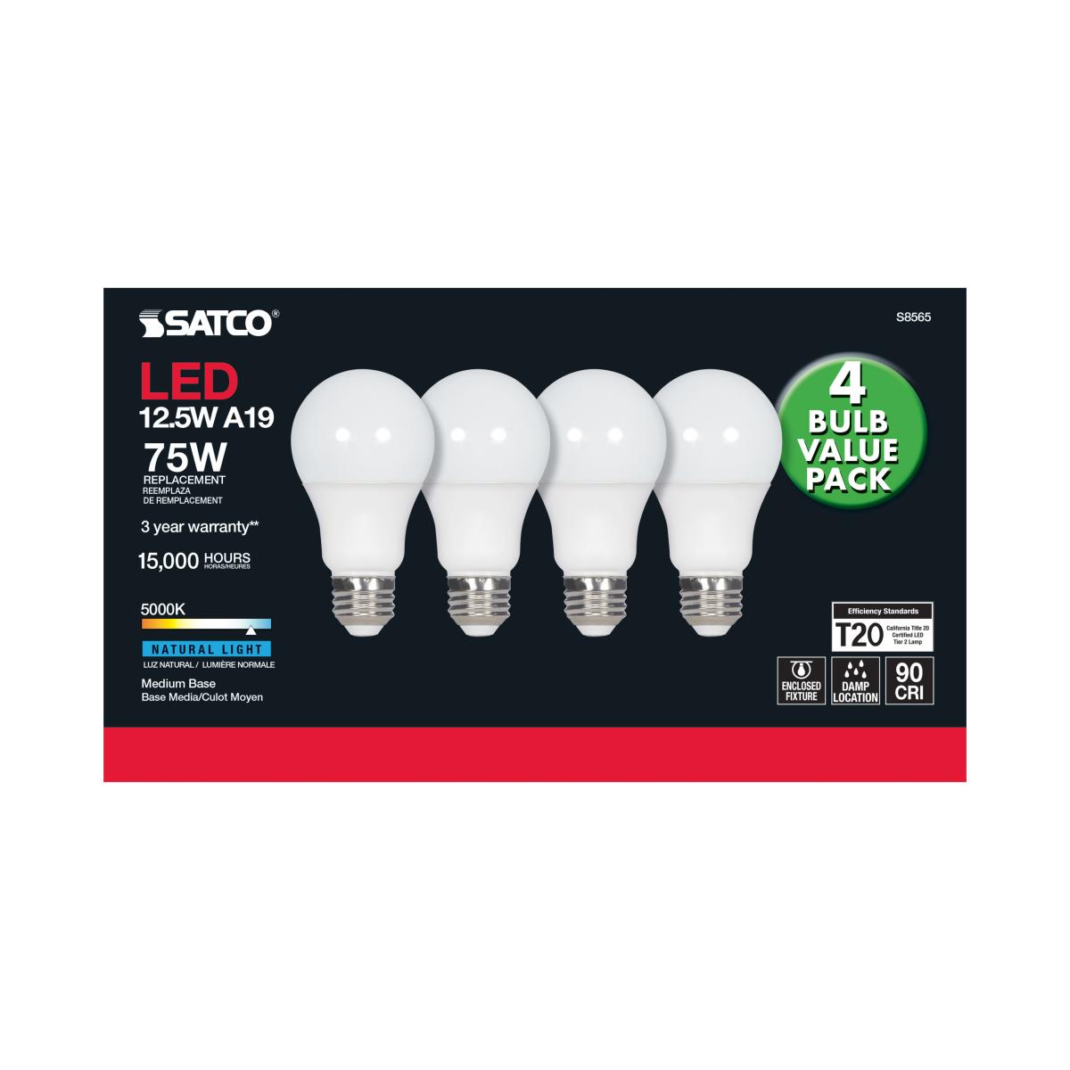 A19 LED Bulb, 75W Equivalent, 13 Watts, 1050 Lumens, 5000K, E26 Medium Base, Frosted, Pack of 4 - Bees Lighting