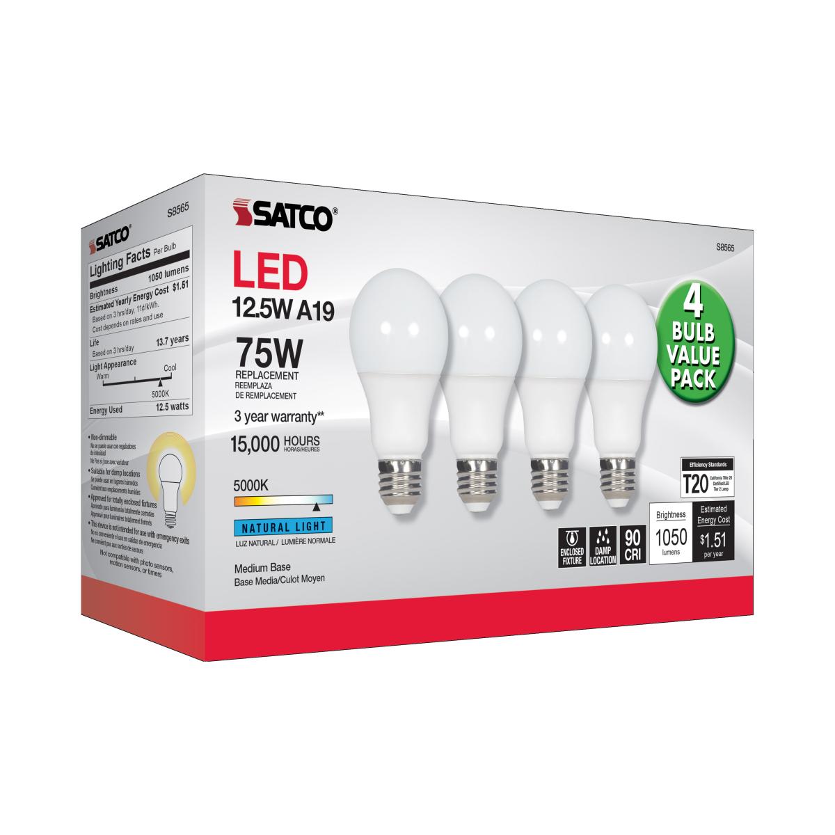 A19 LED Bulb, 75W Equivalent, 13 Watts, 1050 Lumens, 5000K, E26 Medium Base, Frosted, Pack of 4 - Bees Lighting