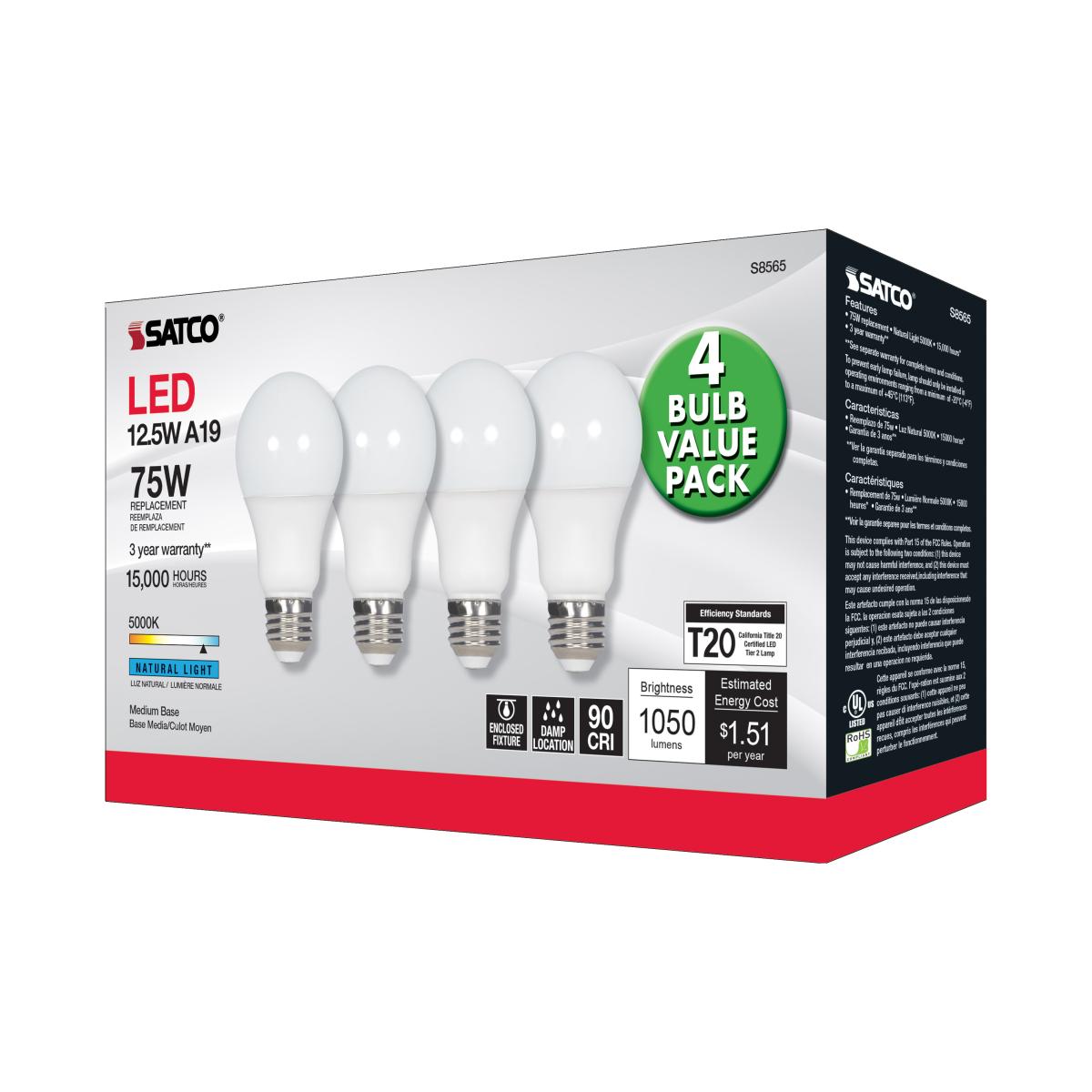 A19 LED Bulb, 75W Equivalent, 13 Watts, 1050 Lumens, 5000K, E26 Medium Base, Frosted, Pack of 4 - Bees Lighting