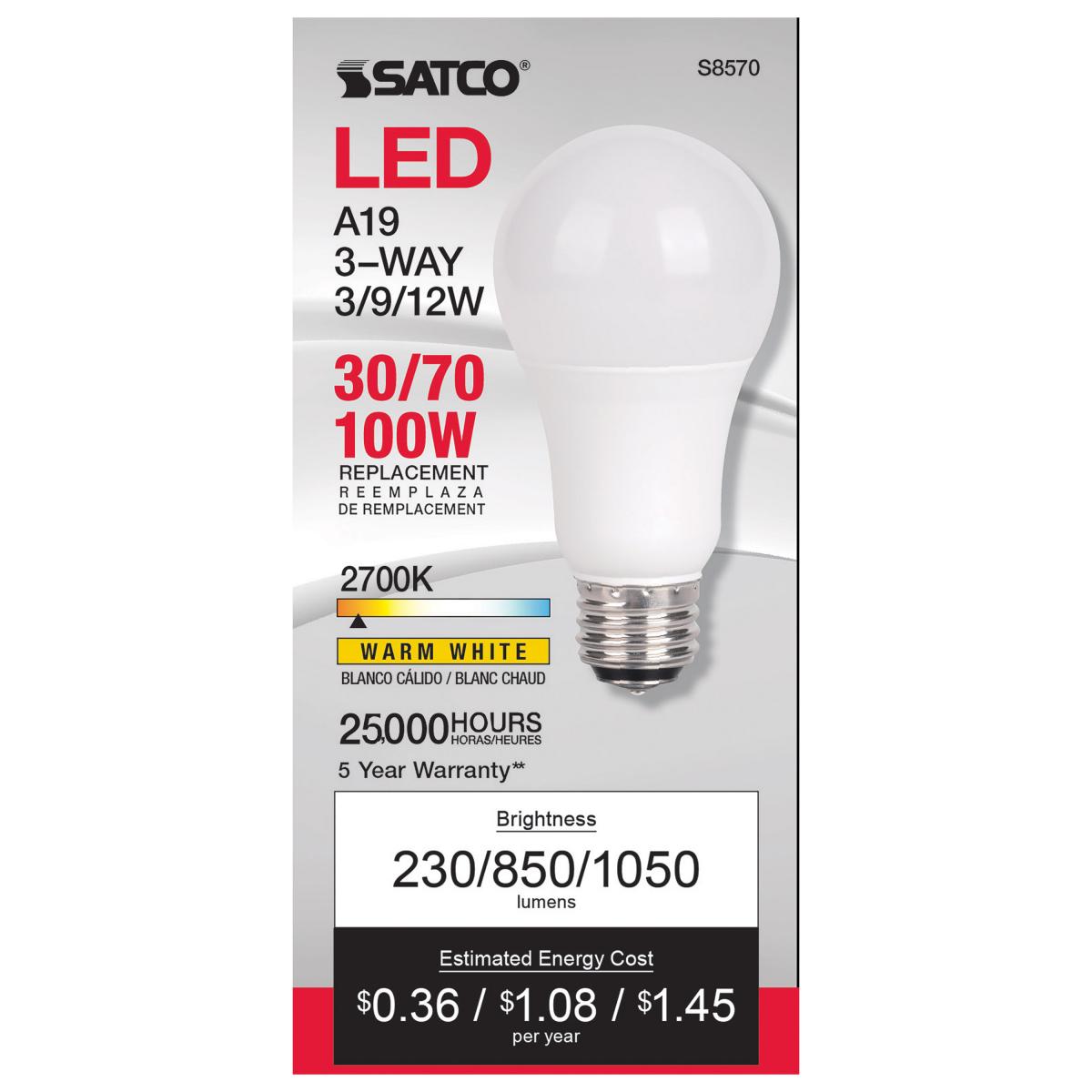 3-Way A19 LED Bulb, 3W|9W|12W, 1050 Lumens, 2700K, E26 Medium Base, Frosted Finish - Bees Lighting