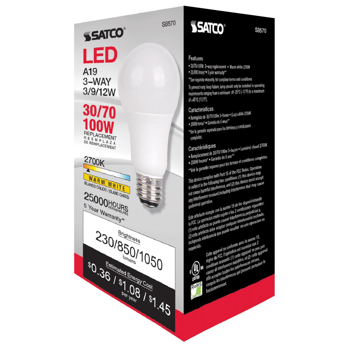 3-Way A19 LED Bulb, 3W|9W|12W, 1050 Lumens, 2700K, E26 Medium Base, Frosted Finish - Bees Lighting