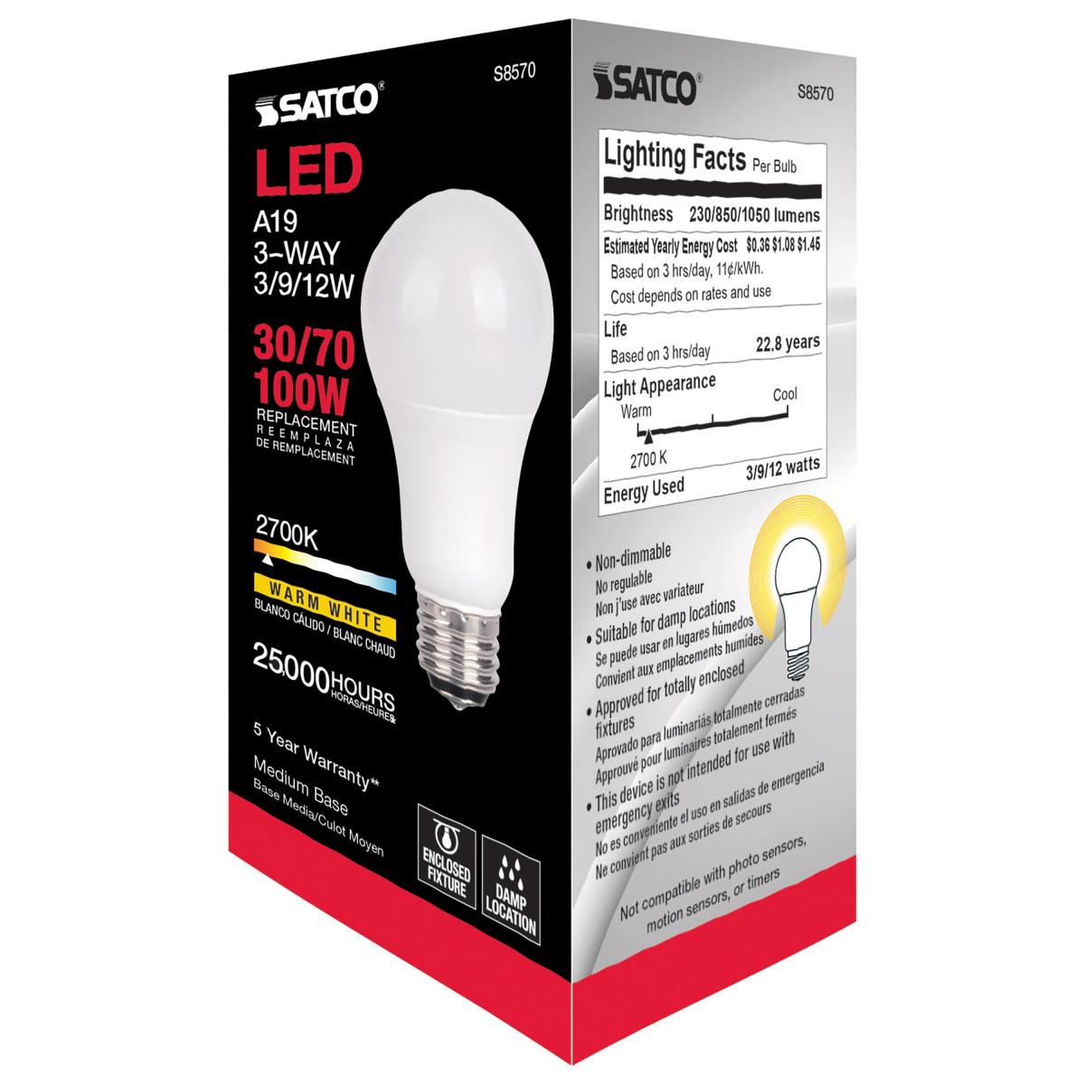 3-Way A19 LED Bulb, 3W|9W|12W, 1050 Lumens, 2700K, E26 Medium Base, Frosted Finish - Bees Lighting