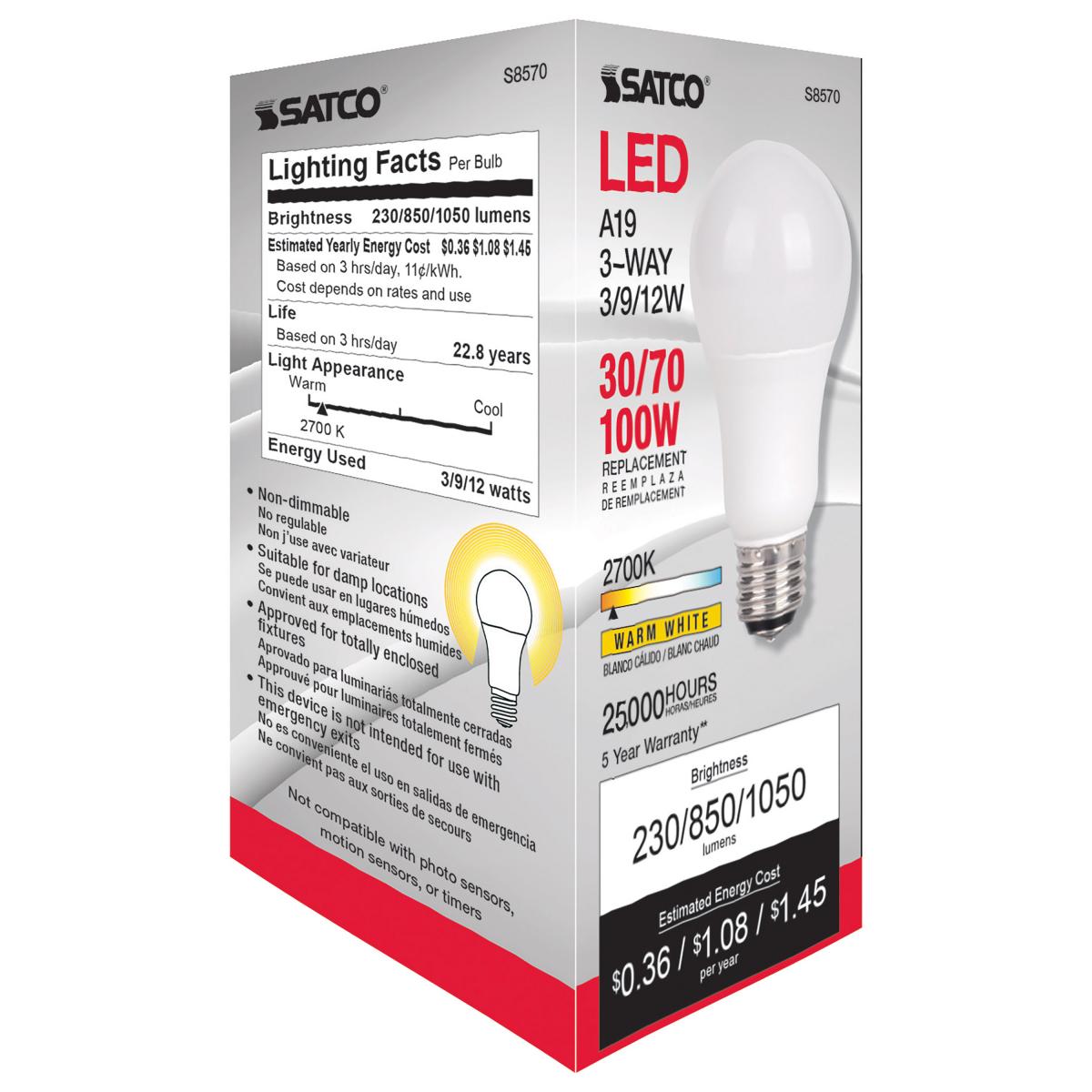 3-Way A19 LED Bulb, 3W|9W|12W, 1050 Lumens, 2700K, E26 Medium Base, Frosted Finish - Bees Lighting