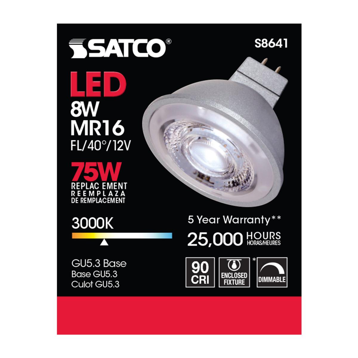 MR16 LED Bulb, 8 Watts, 490 Lumens, 3000K, 75W Equal, GU5.3 Base, 40° Flood, 12V - Bees Lighting
