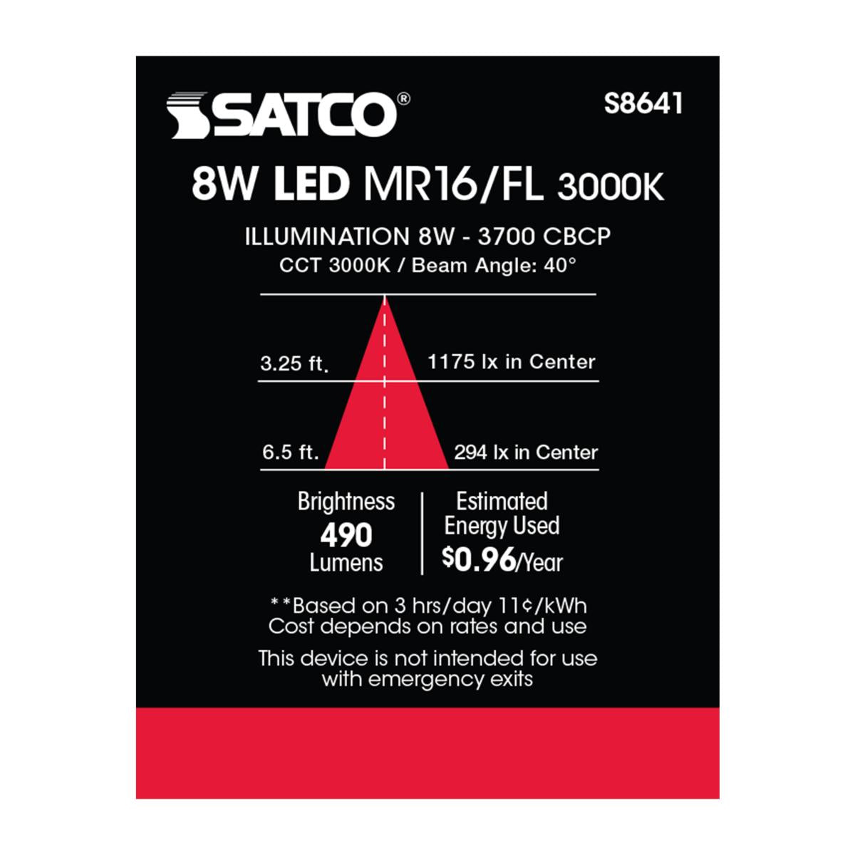 MR16 LED Bulb, 8 Watts, 490 Lumens, 3000K, 75W Equal, GU5.3 Base, 40° Flood, 12V - Bees Lighting