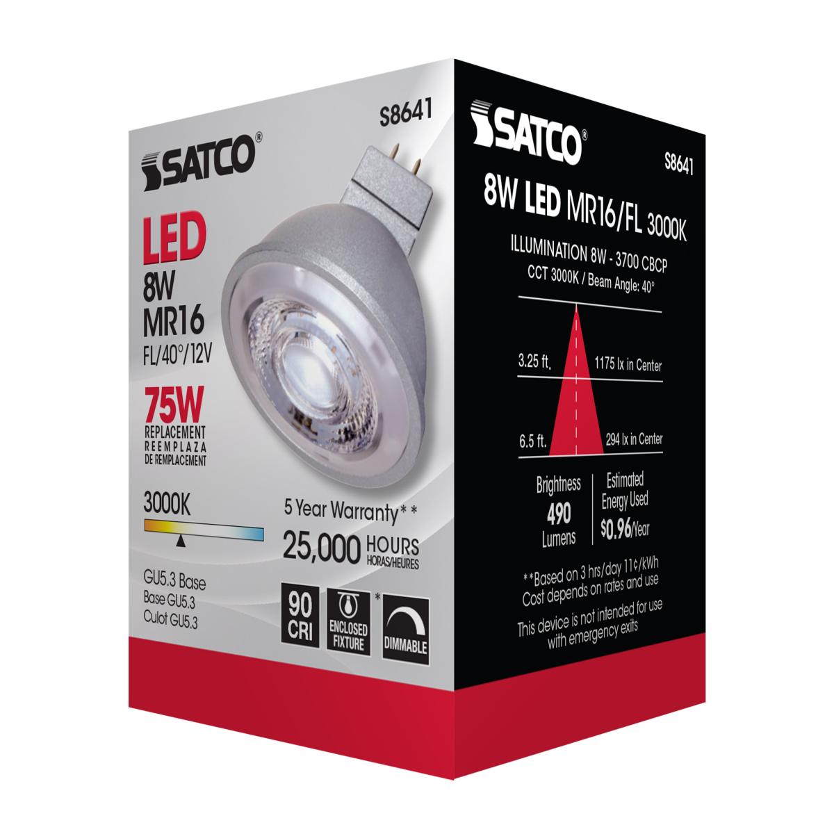 MR16 LED Bulb, 8 Watts, 490 Lumens, 3000K, 75W Equal, GU5.3 Base, 40° Flood, 12V - Bees Lighting