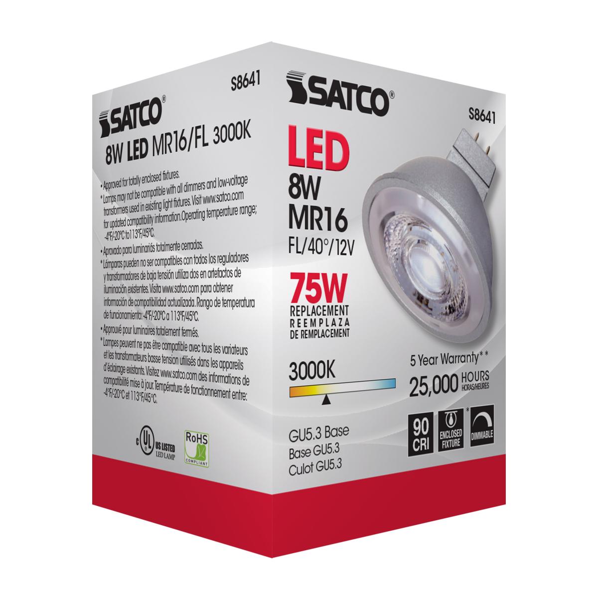 MR16 LED Bulb, 8 Watts, 490 Lumens, 3000K, 75W Equal, GU5.3 Base, 40° Flood, 12V - Bees Lighting