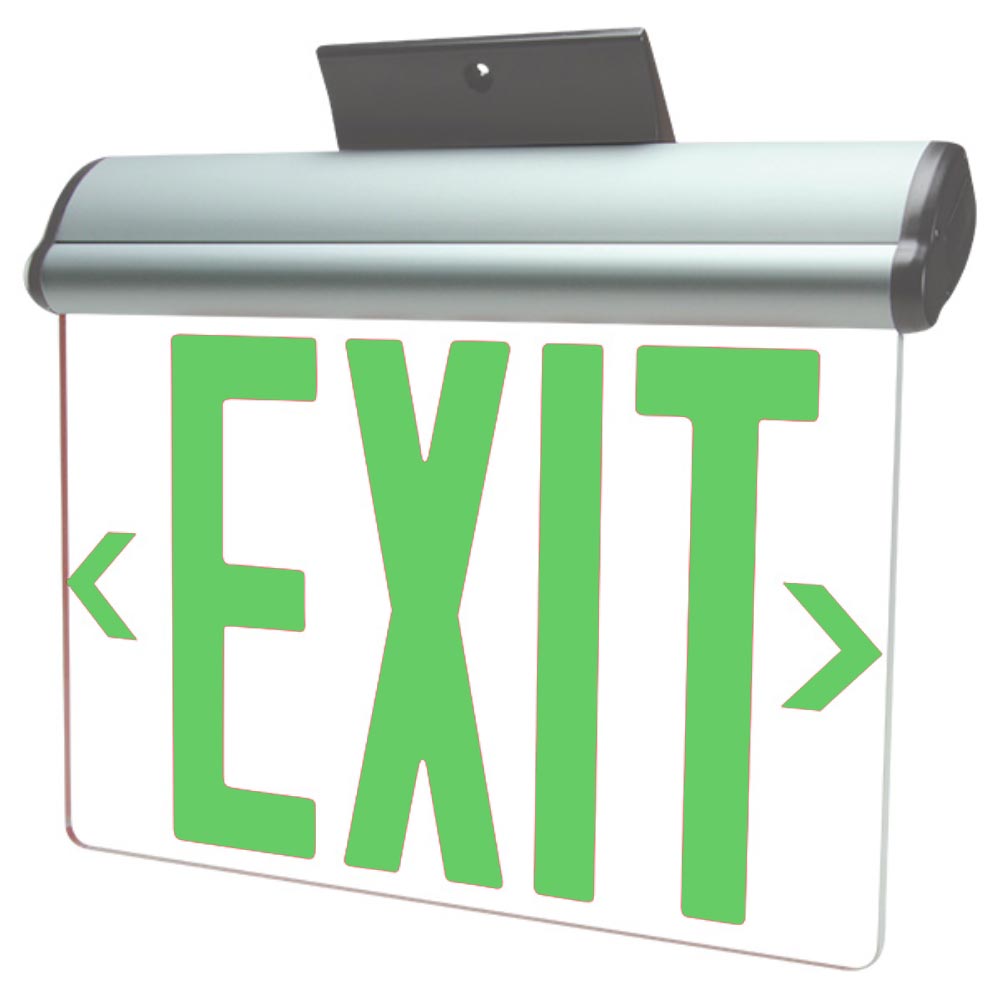 LED Exit Sign, Universal Face with Green Letters, Silver Finish, Battery Backup Included