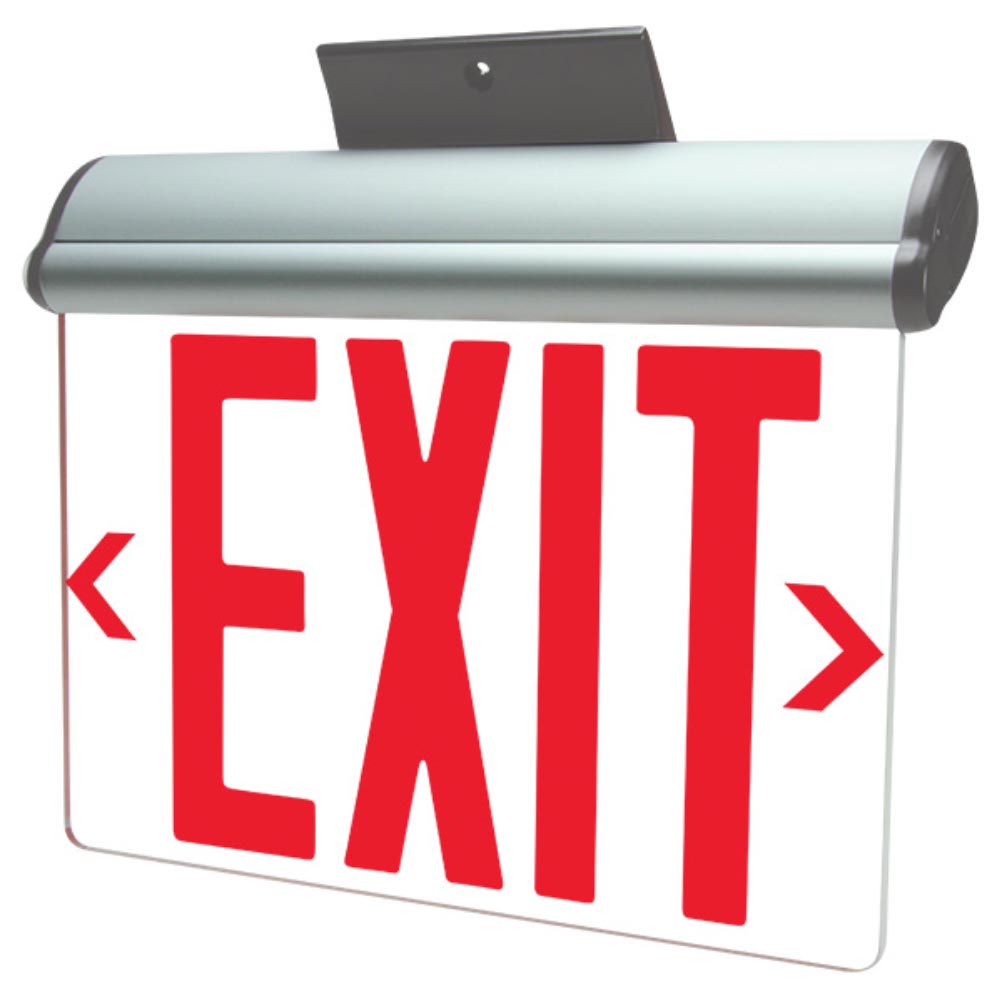 LED Edge-lit Exit Sign 120-277V Battery Backup Double face with Red Letters, Brushed Aluminum