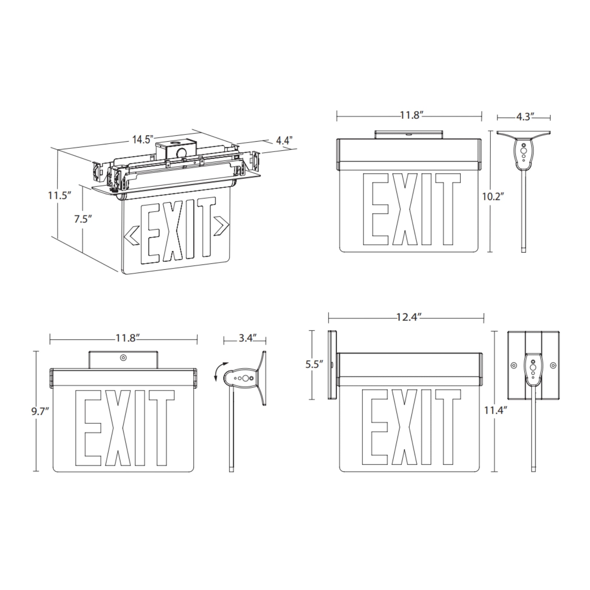 Edge-Lit LED Exit Sign, Recessed Mount, Red Letters, Brushed Aluminum - Bees Lighting