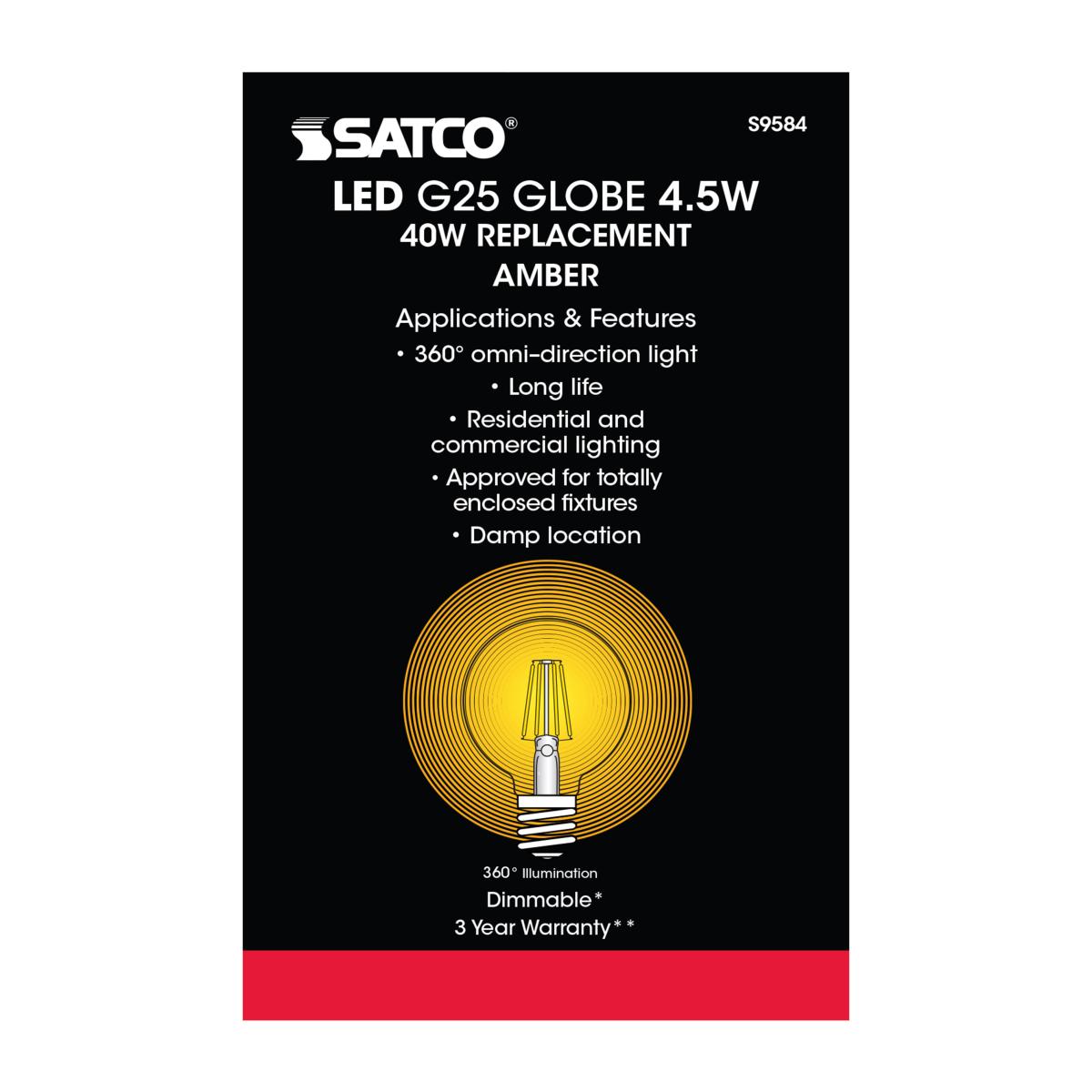 G25 Filament LED Globe Bulb, 5W, 380 Lumens, 2000K, E26 Medium Base, Amber Finish - Bees Lighting