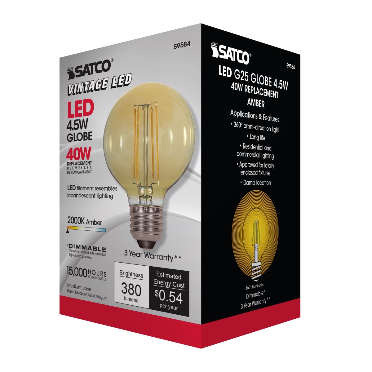 G25 Filament LED Globe Bulb, 5W, 380 Lumens, 2000K, E26 Medium Base, Amber Finish - Bees Lighting