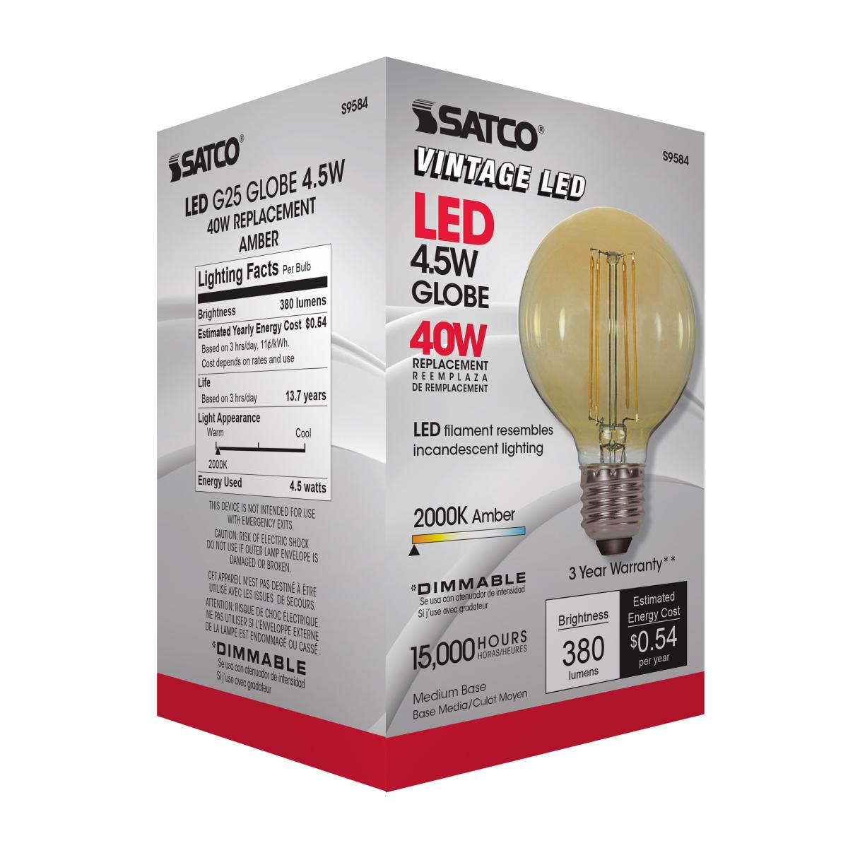 G25 Filament LED Globe Bulb, 5W, 380 Lumens, 2000K, E26 Medium Base, Amber Finish - Bees Lighting